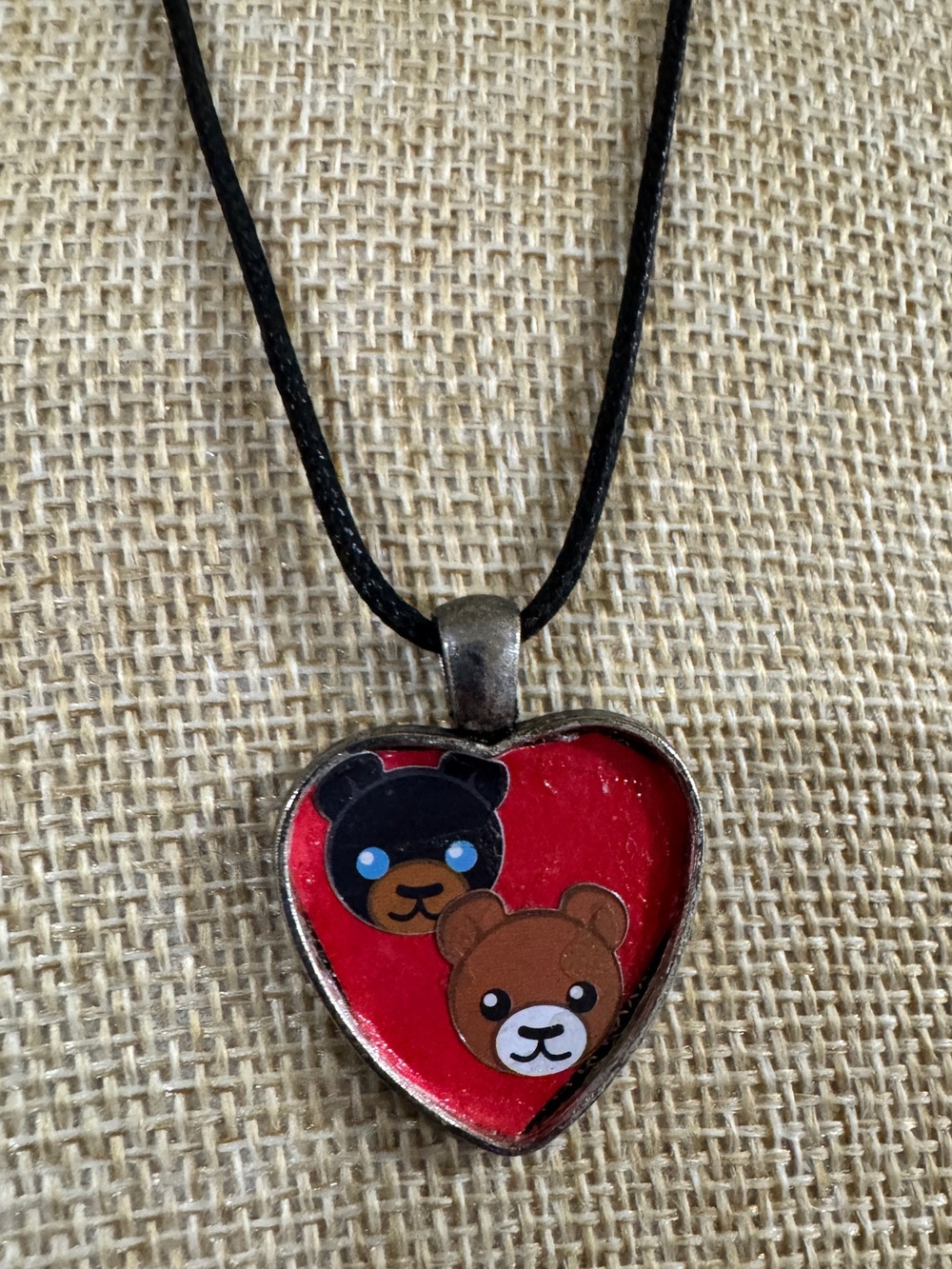Heart Pendant Necklace with Cute Bear Faces - Red